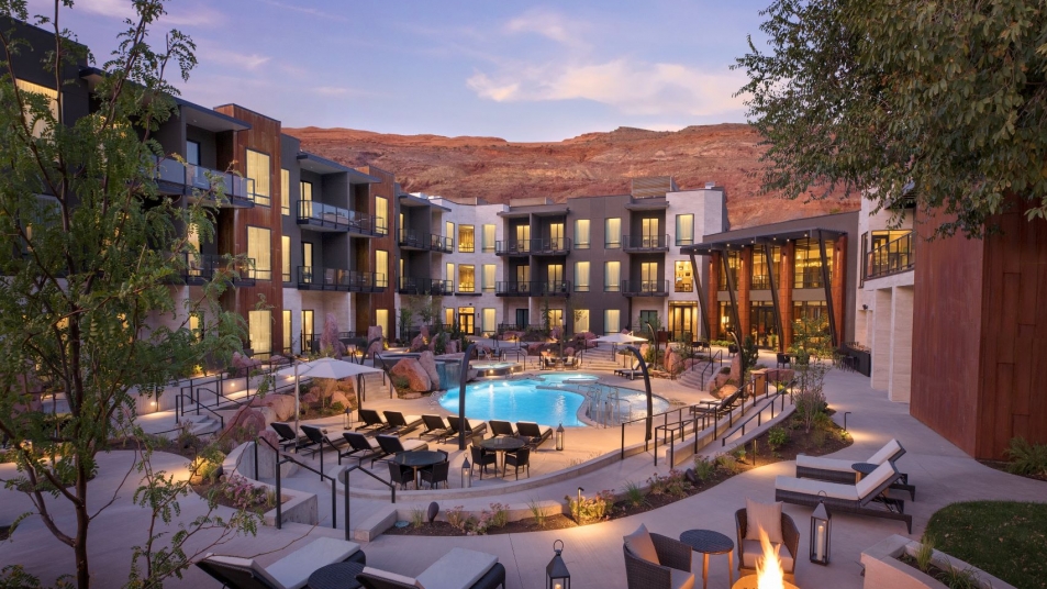 The Hoodoo Moab by Hilton overlooks both pool and red rock mountains.