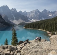 Hikers enjoy views of Moraine Lake, Banff
