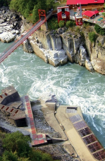 Aerial view of Hell's Gate, the narrowest part of the Fraser River.